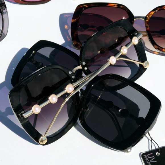 NEW Classic Pearl Accent Skinny Metal Leg UV Protection Oversize Sunglasses - Picture 8 of 11